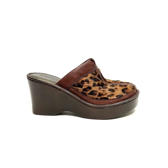 Born Shoes - Vintage 1990s brown leather leopard print pony hair platform wedge mule clogs